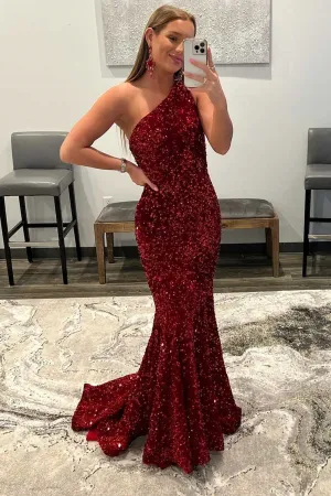 One Shoulder Mermaid Burgundy Sequins Long Prom Dress, Mermaid Burgundy Formal Dress, Maroon Sequins Evening Dress A1534