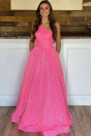 One Shoulder Shiny Sequins Hot Pink/Dark Blue Long Prom Dress, Open Back Hot Pink/Dark Blue Formal Graduation Evening Dress A1533