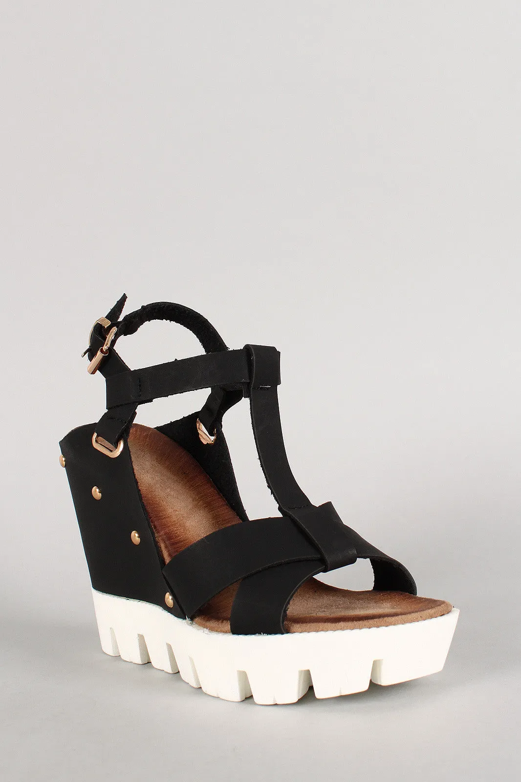 Open Toe Criss Cross Lug Sole Platform Wedge