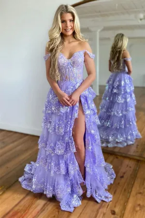 Princess Lace Tiered Stunning Purple Prom Dress With Lace Ruffles PSK517