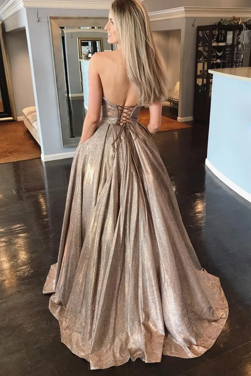 Shiny Strapless Sweetheart Neck Champagne Long Prom Dress, Golden Long Formal Evening Dress