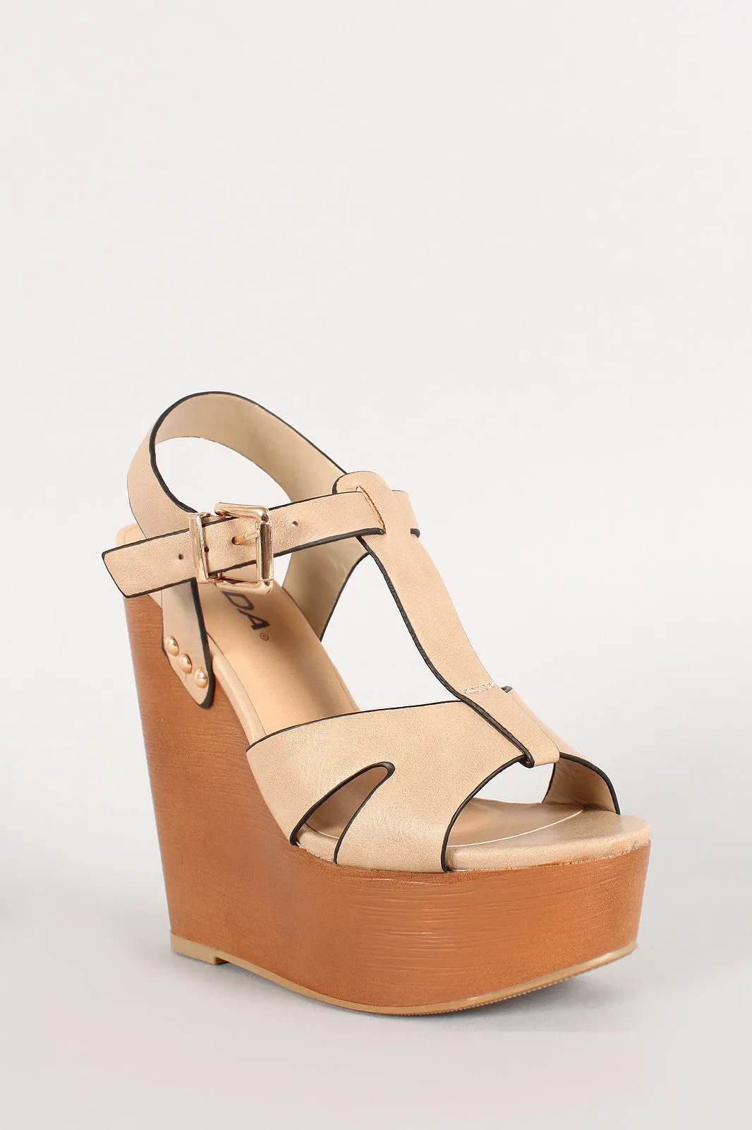 Soda Open Toe T-Strap Faux Wooden Platform Wedge