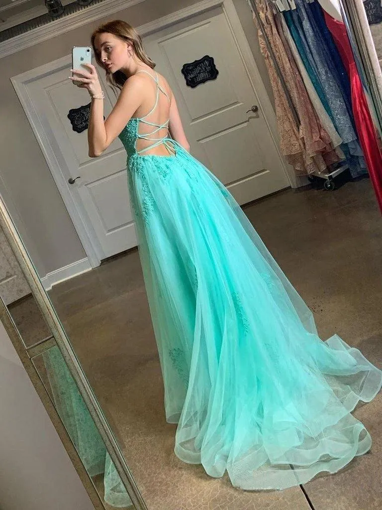 Spaghetti Straps Light Blue Long Prom Dress With Appliques PSK176