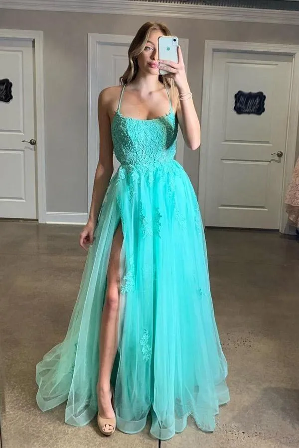 Spaghetti Straps Light Blue Long Prom Dress With Appliques PSK176