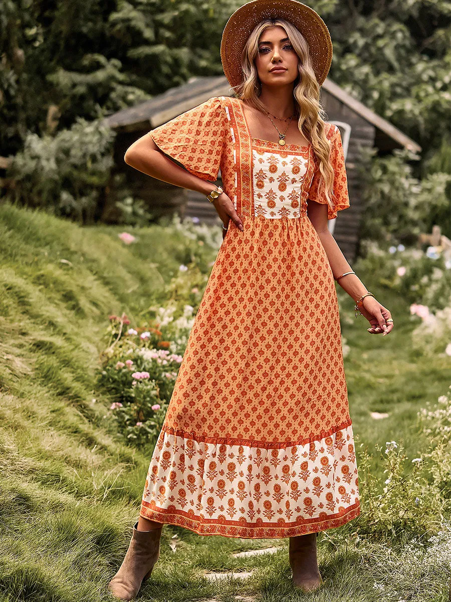 Square Neck Short Sleeves Bohemian Floral Printed Maxi Boho Dress