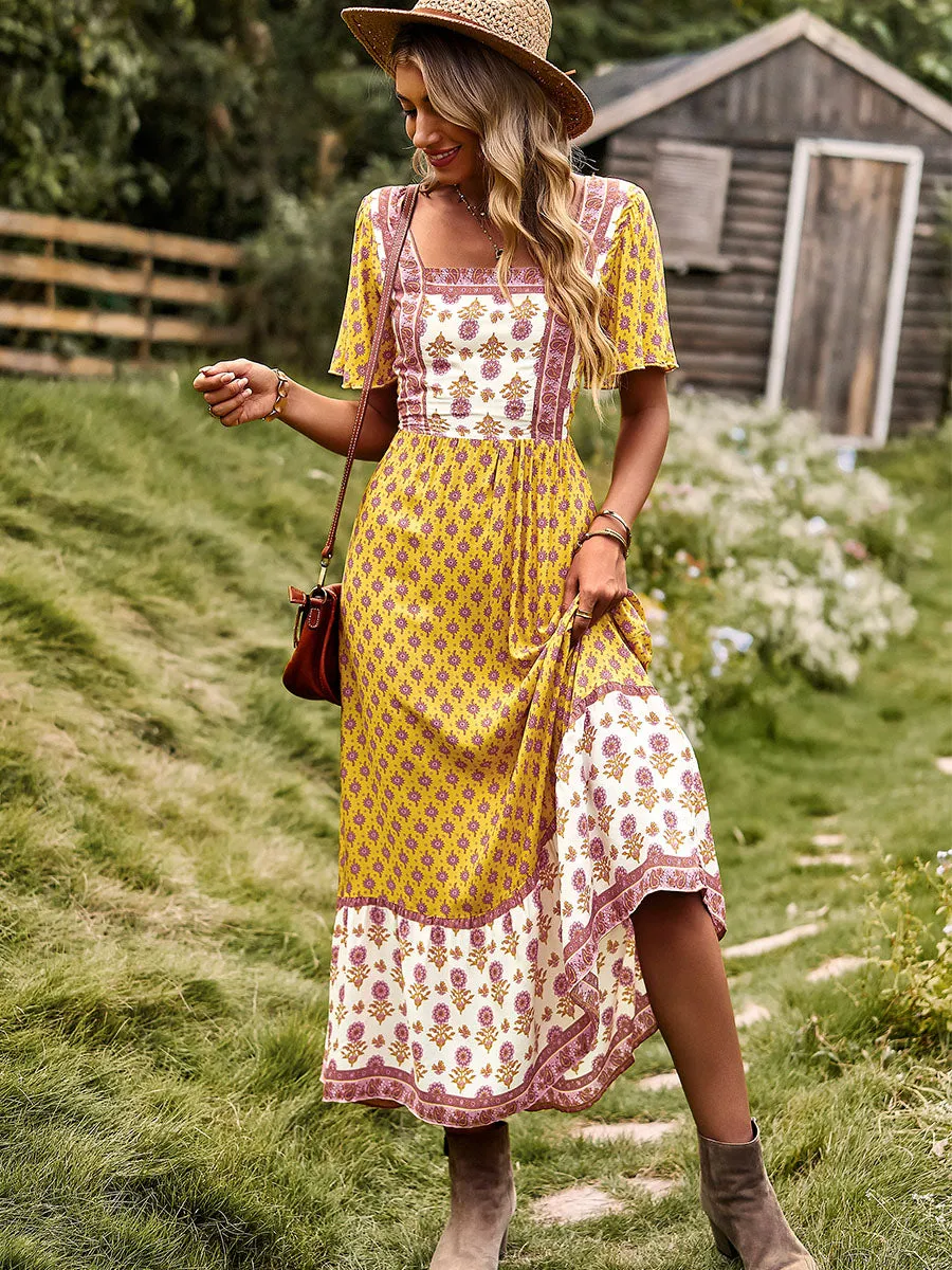 Square Neck Short Sleeves Bohemian Floral Printed Maxi Boho Dress