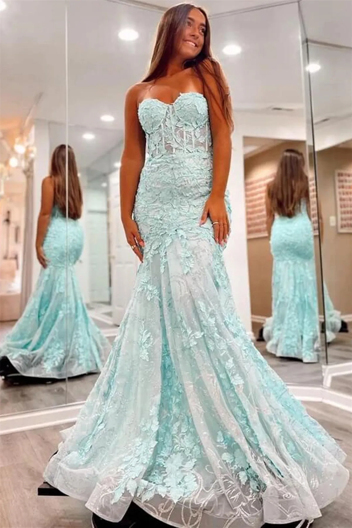 Strapless Mermaid Green Lace Long Prom Dress, Green Lace Formal Dress, Mermaid Green Evening Dress A1775