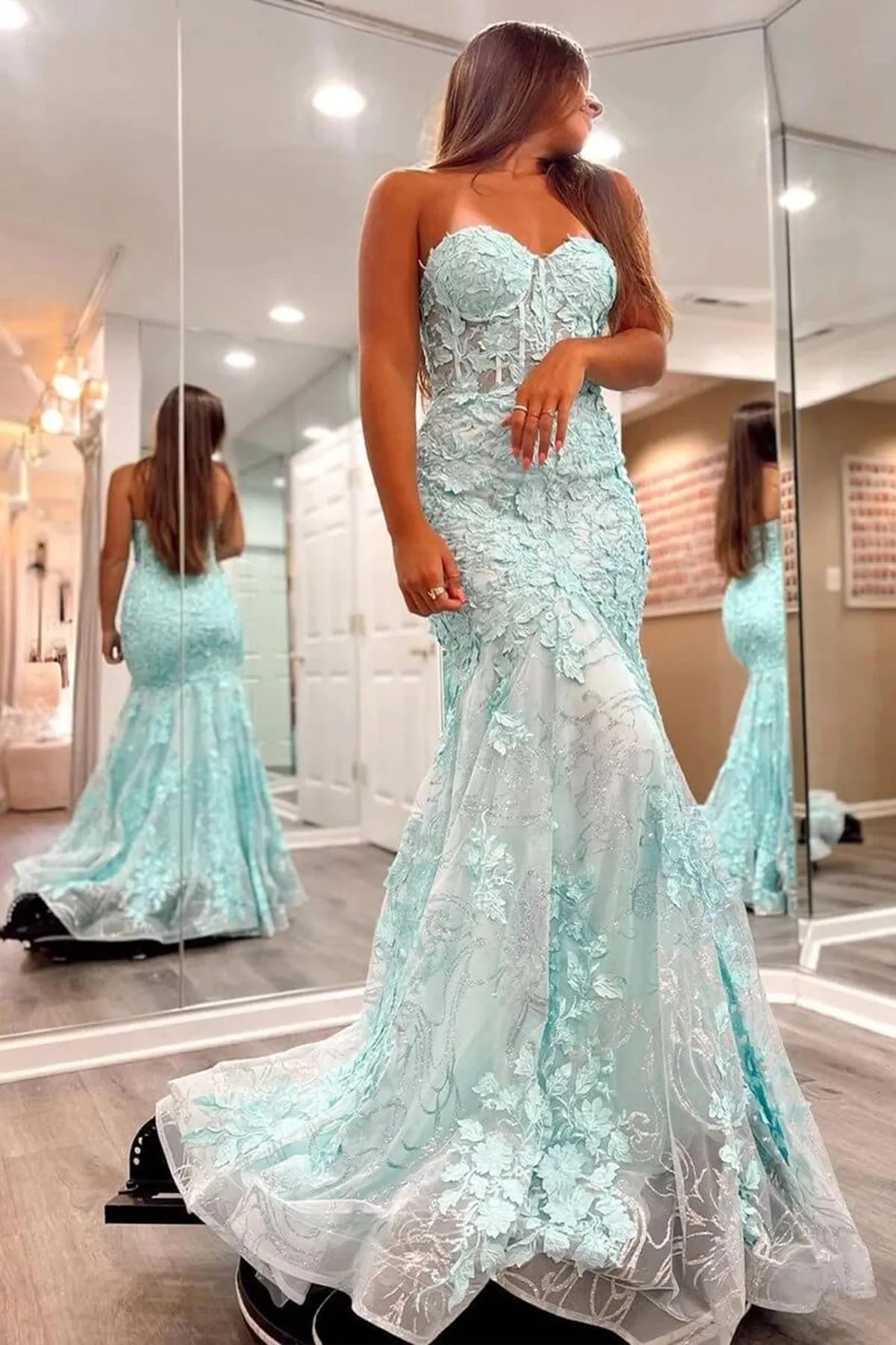 Strapless Mermaid Green Lace Long Prom Dress, Green Lace Formal Dress, Mermaid Green Evening Dress A1775