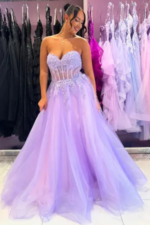 Strapless Sweetheart Neck Lilac Lace Long Prom Dress with High Slit, Lilac Lace Formal Dress, Purple Evening Dress A2240