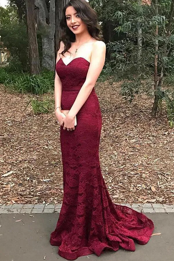 Sweetheart Mermaid Sweep Train Burgundy Lace Prom Dress PG347