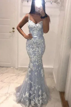 V Neck Mermaid Blue Lace Long Prom Dress, Mermaid Baby Blue Formal Dress, Blue Lace Evening Dress