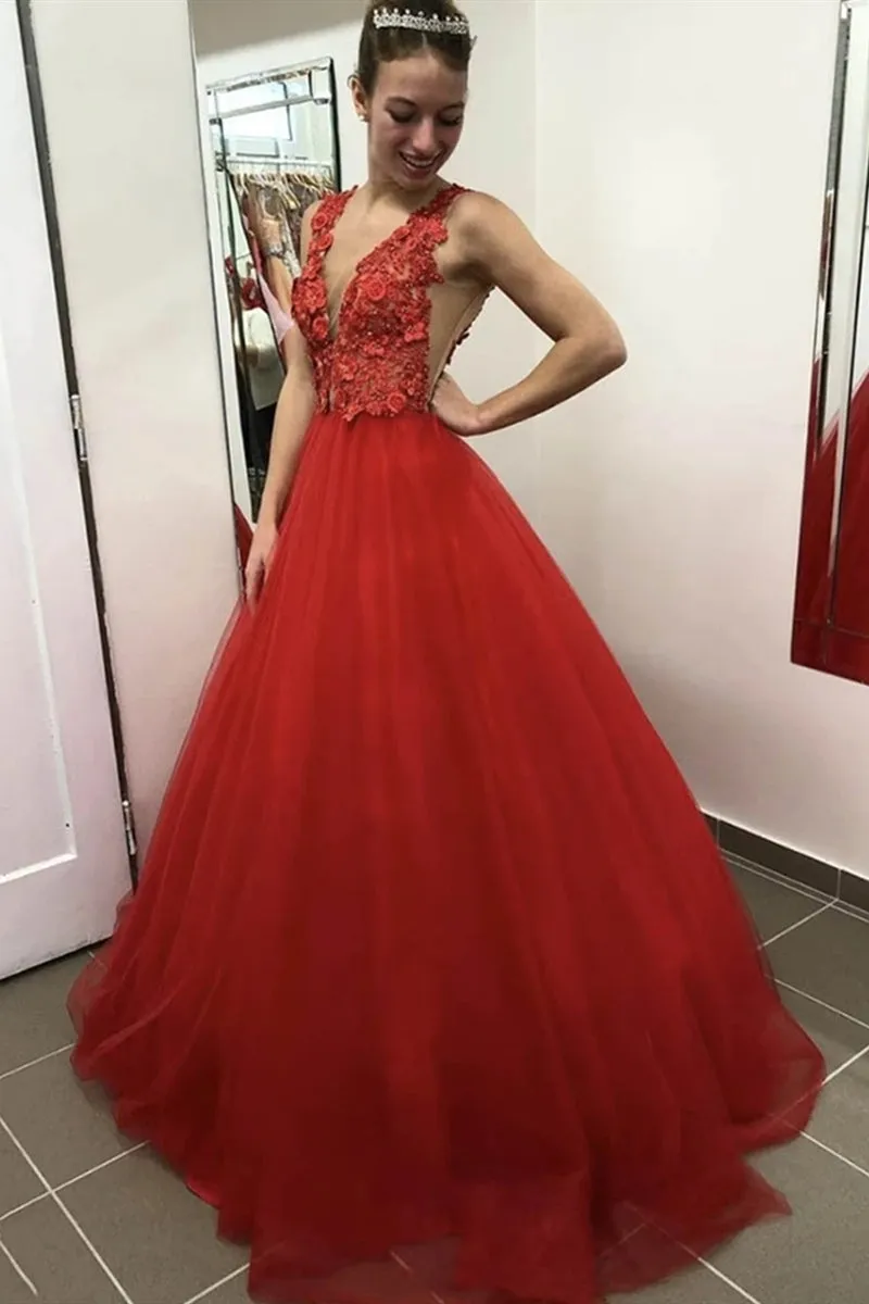 V Neck Open Back 3d Floral Red Lace Long Prom Dress, Red Lace Formal Graduation Evening Dress