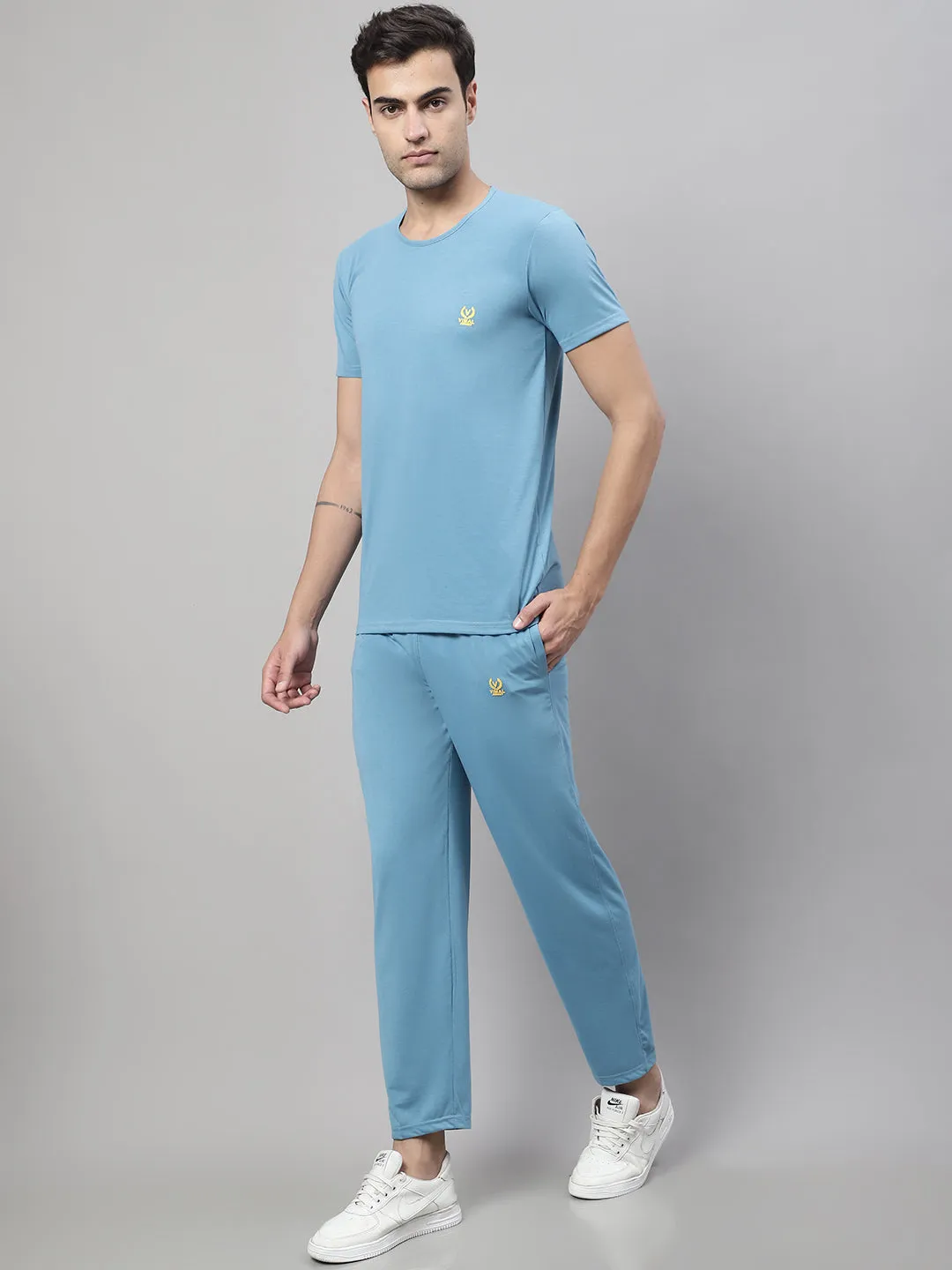 Vimal Jonney Blue Cotton Solid Co-ord Set Tracksuit For Men(Zip On 1 Side Pocket)