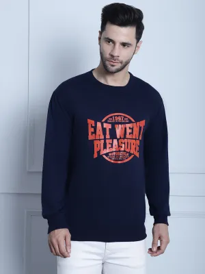 Vimal Jonney Navy Blue Printed Round Neck Cotton Fleece Sweatshirt for Men