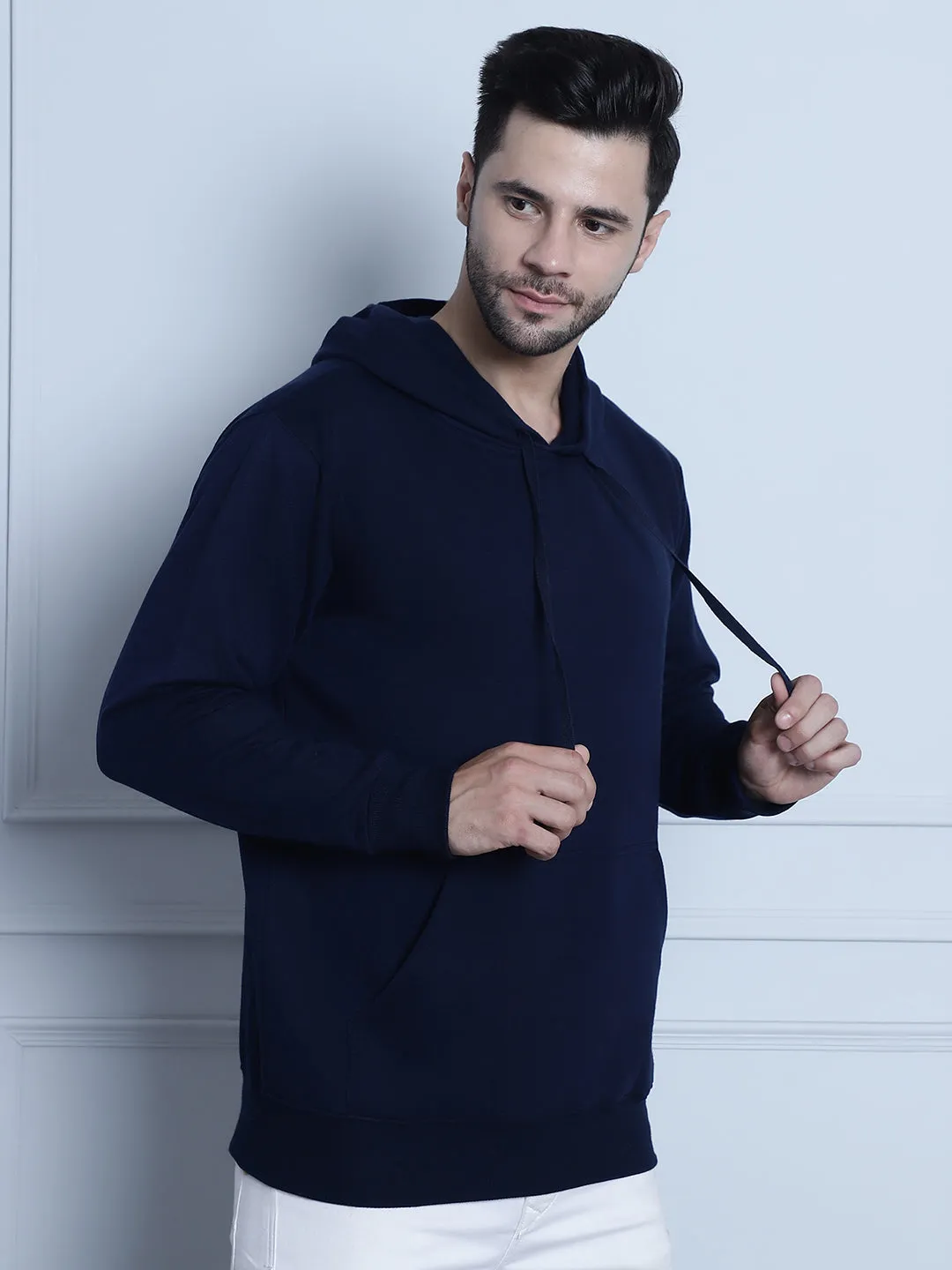 Vimal Jonney Navy Blue Solid Hooded Cotton Fleece Sweatshirt for Men