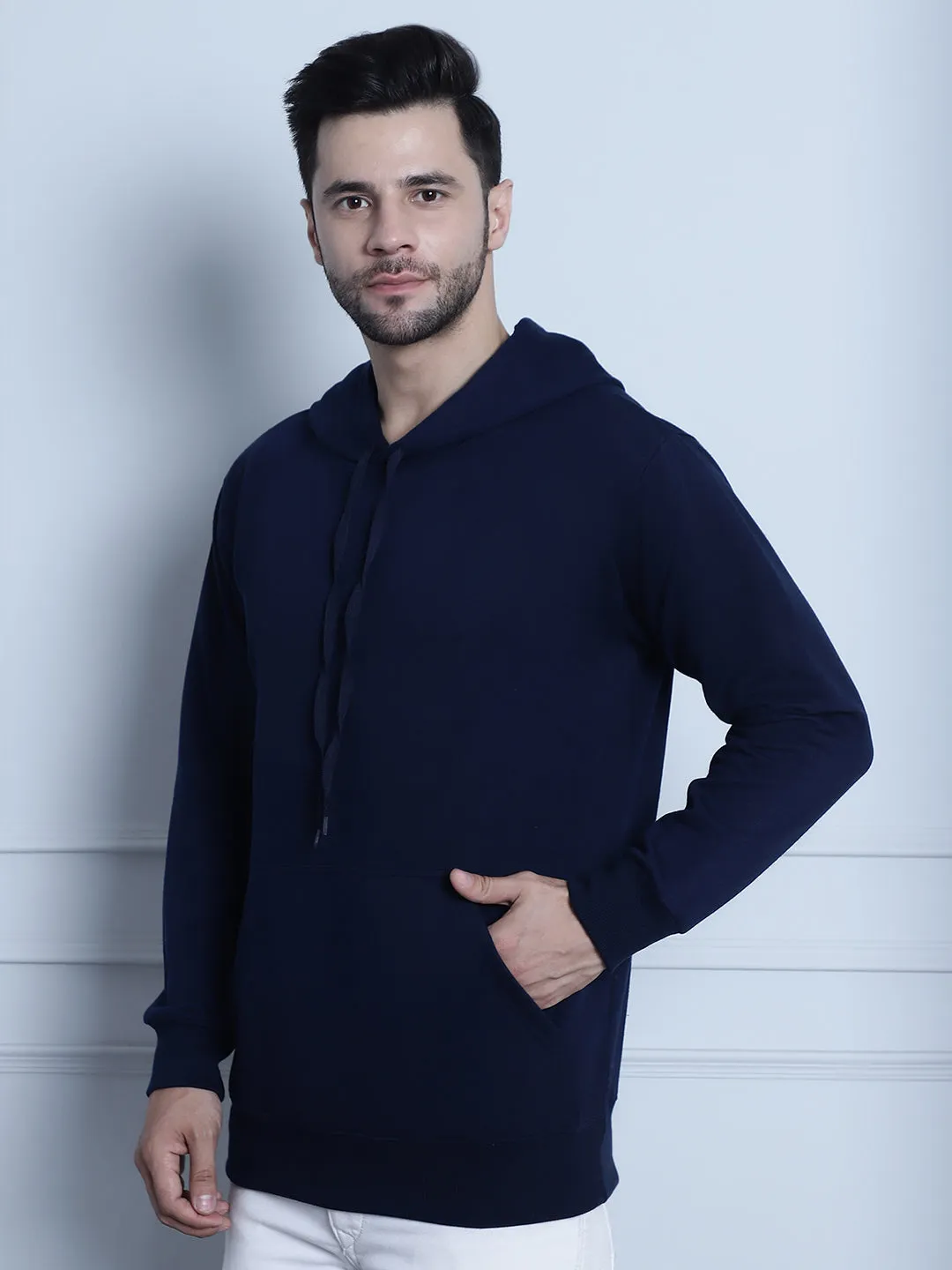 Vimal Jonney Navy Blue Solid Hooded Cotton Fleece Sweatshirt for Men