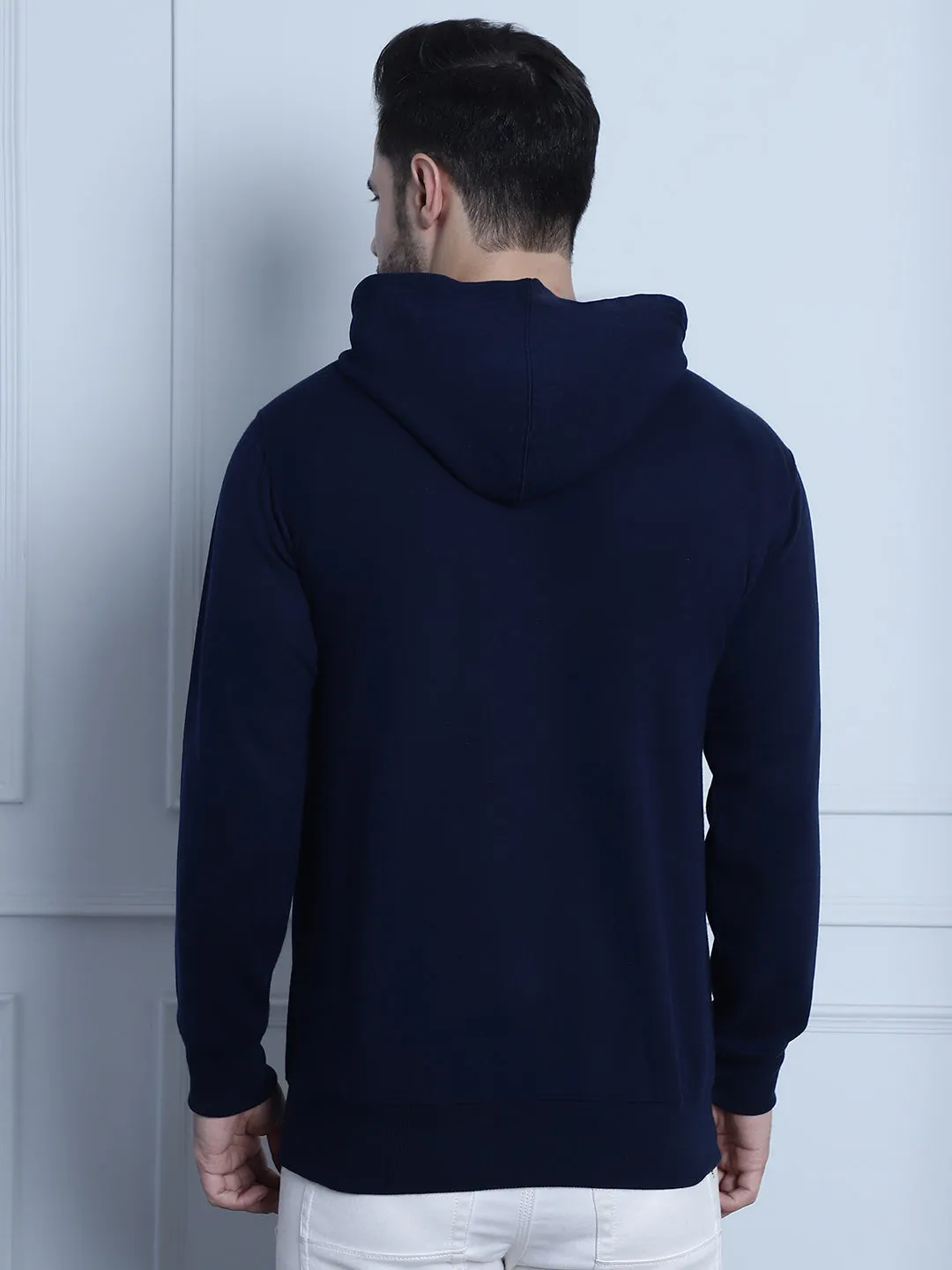 Vimal Jonney Navy Blue Solid Hooded Cotton Fleece Sweatshirt for Men