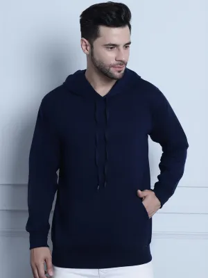 Vimal Jonney Navy Blue Solid Hooded Cotton Fleece Sweatshirt for Men