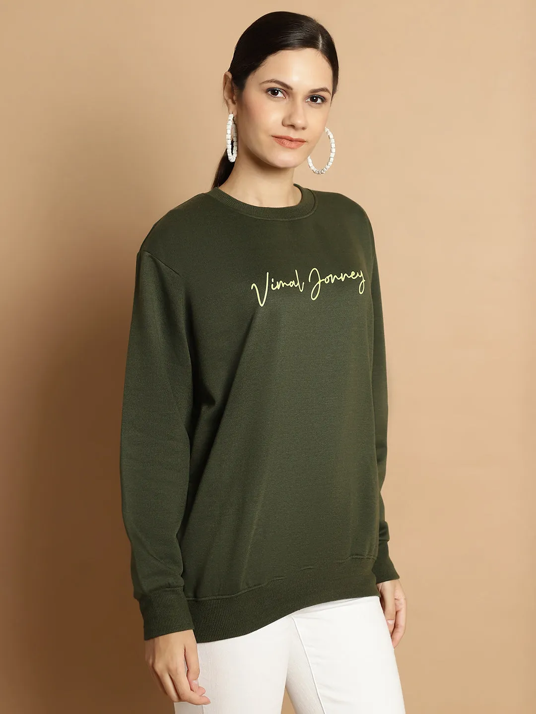 Vimal Jonney Olive Printed Round Neck Cotton Fleece Sweatshirt for Women