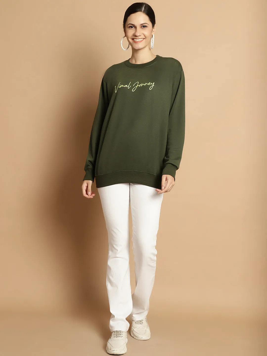 Vimal Jonney Olive Printed Round Neck Cotton Fleece Sweatshirt for Women