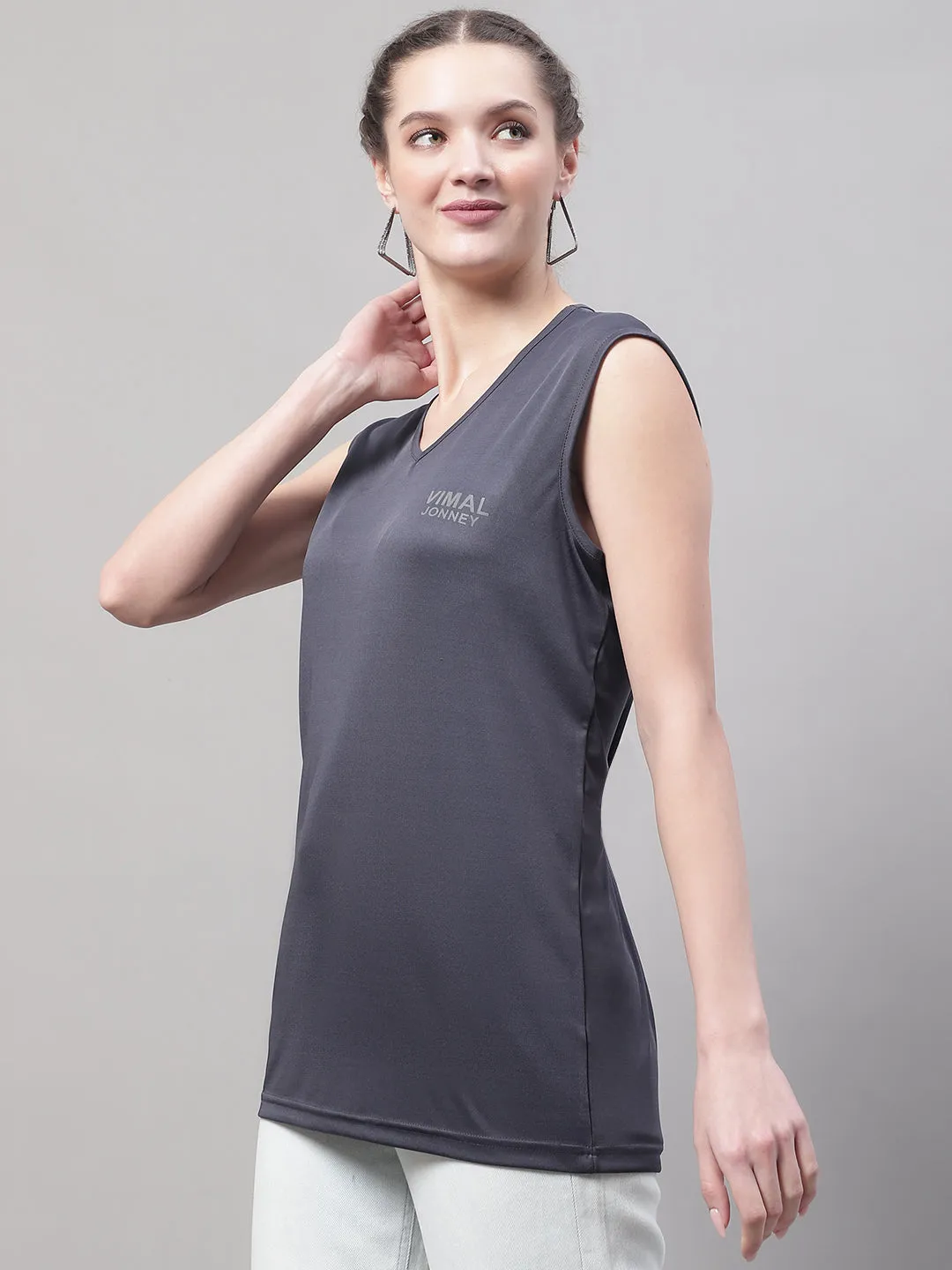 Vimal Jonney Regular Fit Dryfit Lycra Solid Dark Grey Gym Vest for Women