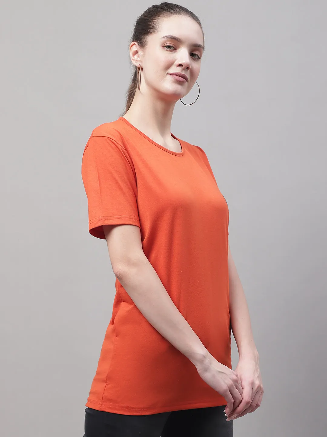 Vimal Jonney Round Neck Cotton Solid Rust T-Shirt for Women