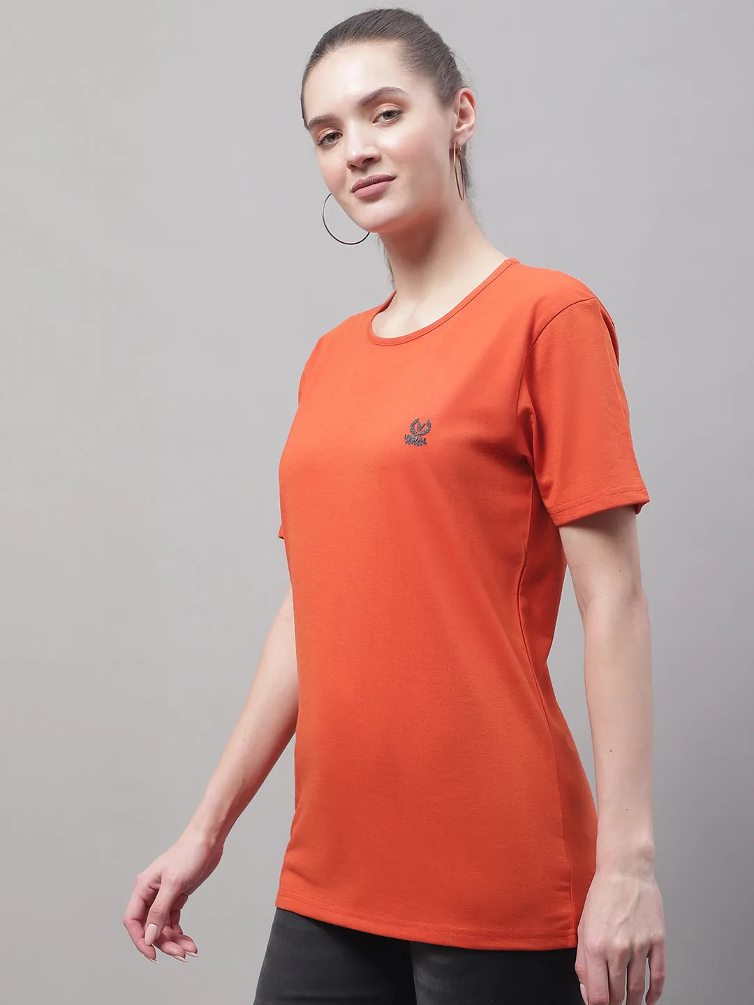 Vimal Jonney Round Neck Cotton Solid Rust T-Shirt for Women