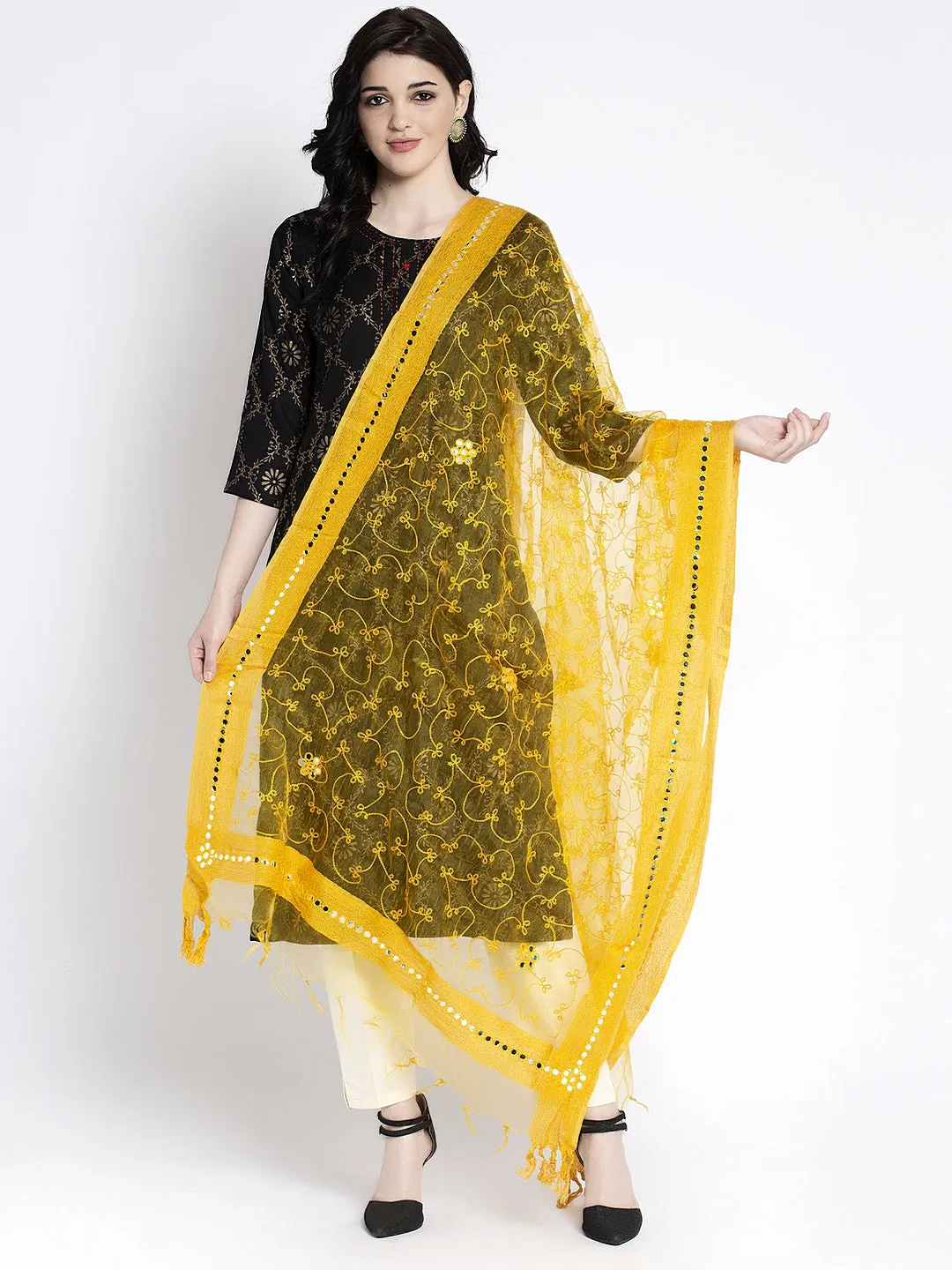 Women'S Yellow Embroidered Dupatta